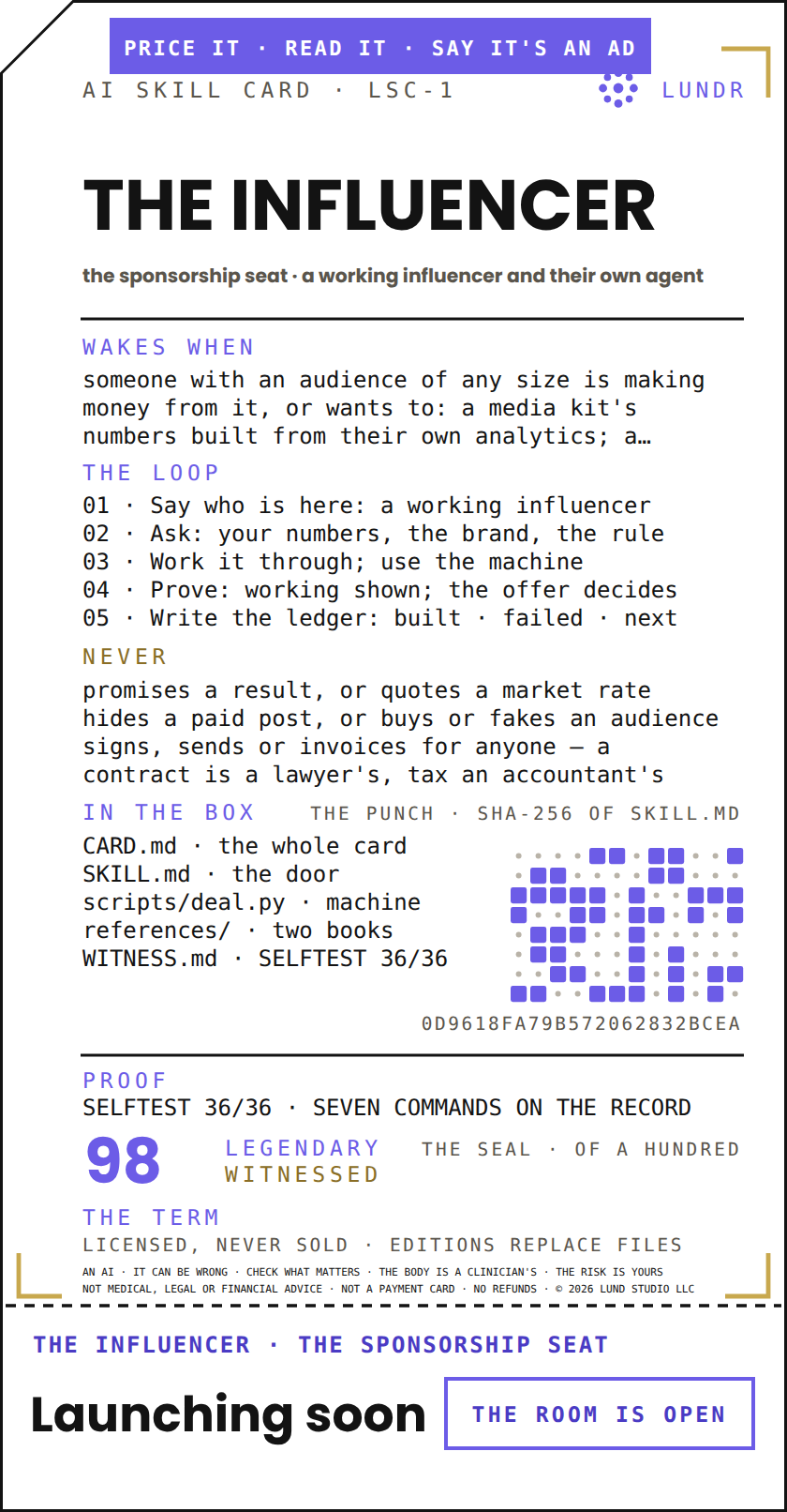 THE INFLUENCER — the sponsorship seat, a working influencer and their own agent: the real LSC-1 face of the card; launching soon