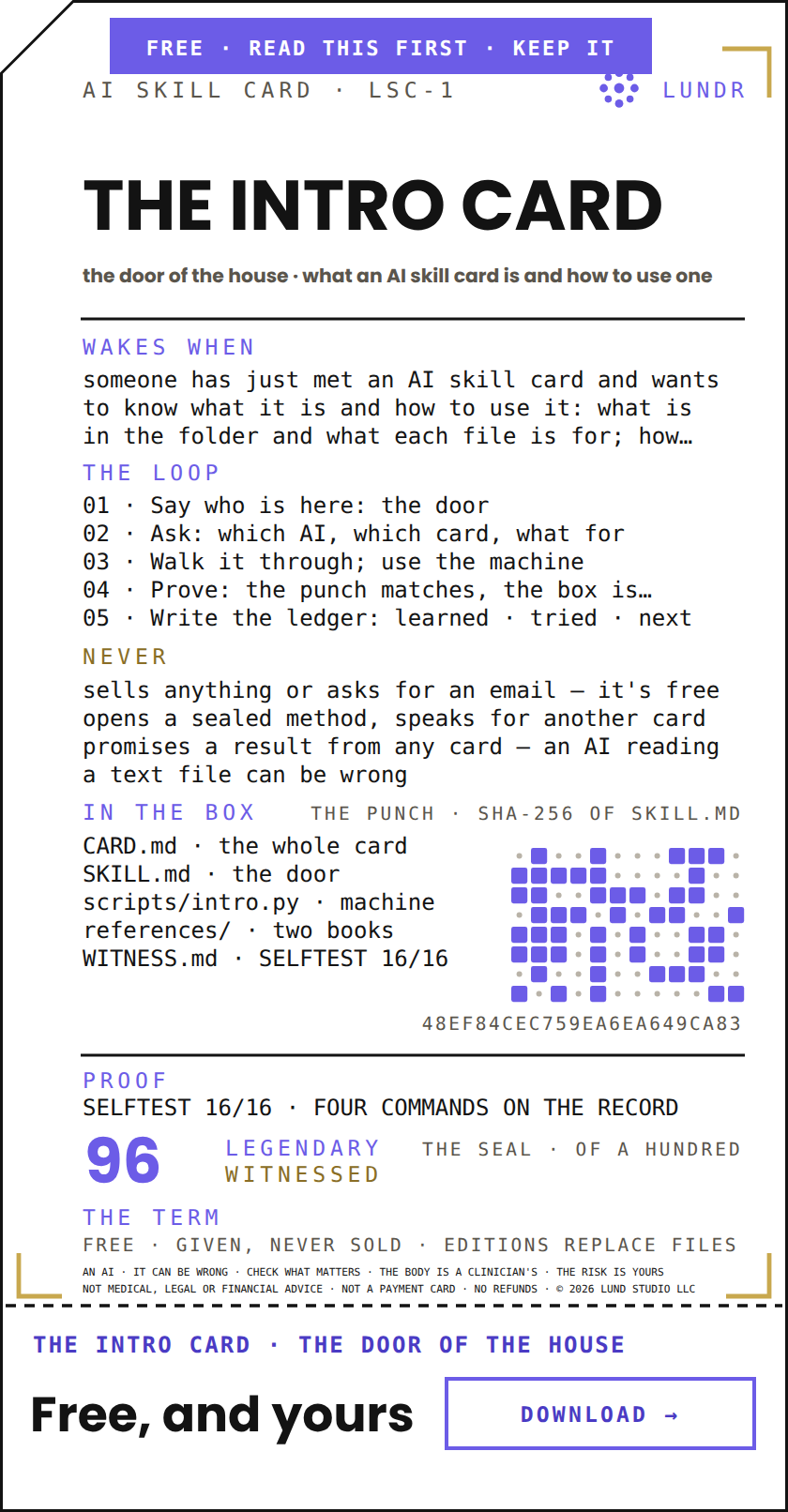 THE INTRO CARD — the door of the house: the real LSC-1 face of the card with its ticket; free