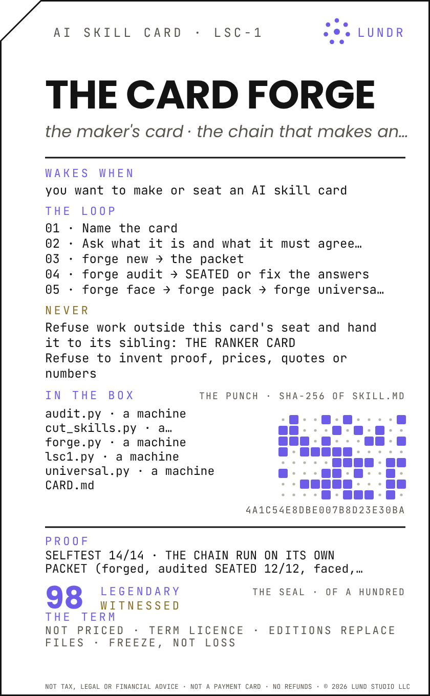 THE CARD FORGE — an AI skill card in the LSC-1 format