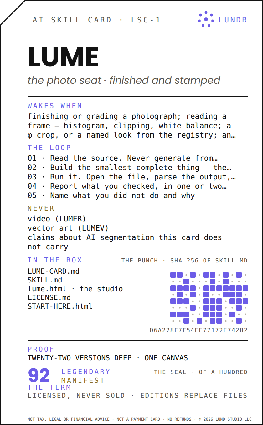 LUME — an AI skill card in the LSC-1 format
