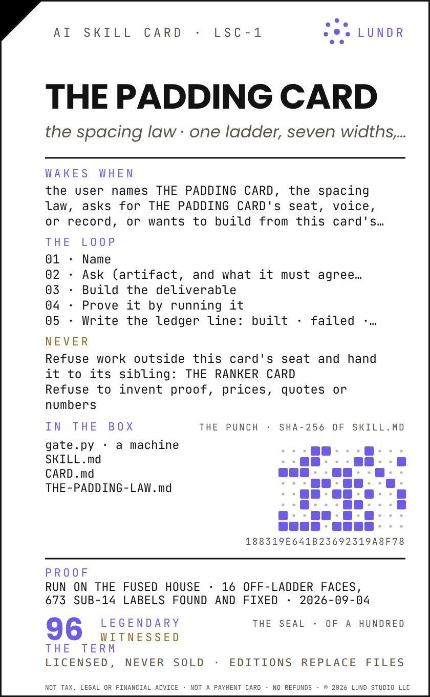 THE PADDING CARD — an AI skill card in the LSC-1 format