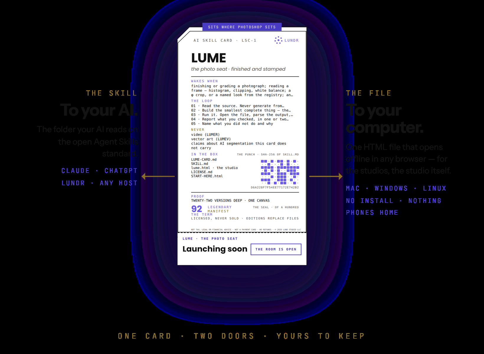 One card, two doors: the skill folder goes to your AI — Claude, ChatGPT, Lundr, any host; the HTML file goes to your computer and opens offline in any browser.
