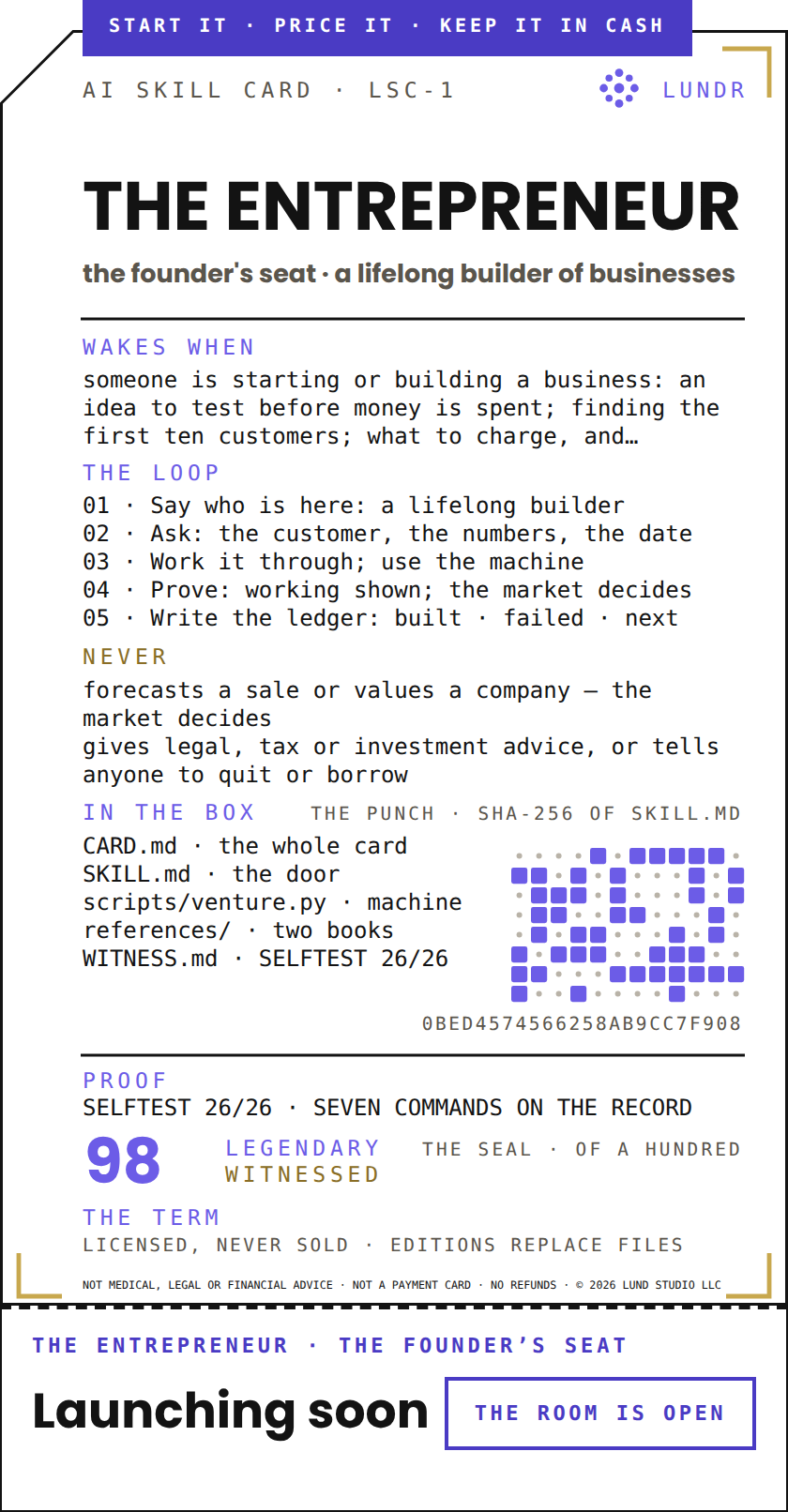 THE ENTREPRENEUR — the founder's seat, a lifelong builder of businesses: the real LSC-1 face of the card; launching soon